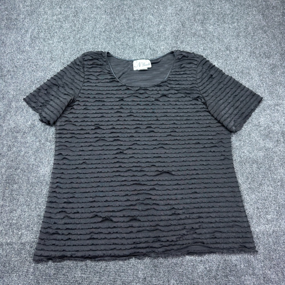 N Touch Womens Black Tiered Ruffle Short Sleeve Textured Blouse Top Size M 4074